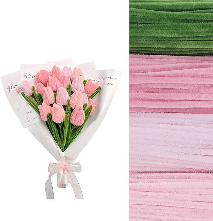 400 Pcs Craft Pipe Cleaners Flowers,4 Colors Chenille Stems Bulk with Floral Wires,Tape,Greeting Card,Bouquet Paper,Hot Glue Stick,Stamen & Ribbon, Holiday Gifts for Women,Men,Teens,Elder-DeskLoop Office