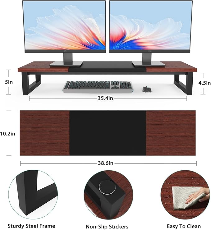 Dual Monitor Stand Riser, 39Inch Large Monitor Stands for 2 Monitors, Computer Monitor Stand, Wooden Desktop Oraganizer Shelf for Office Desk Computer,Laptop,TV-DeskLoop Office