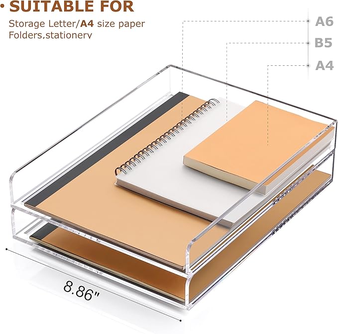 SANRUI 2 Tier Acrylic Stackable Paper Letter Tray, Vertical A4 File Desk Organizer and Accessories Sorter Tray, Clear Workspace Office Supplies Organizers, 12inx9.25inx3.42in-DeskLoop Office