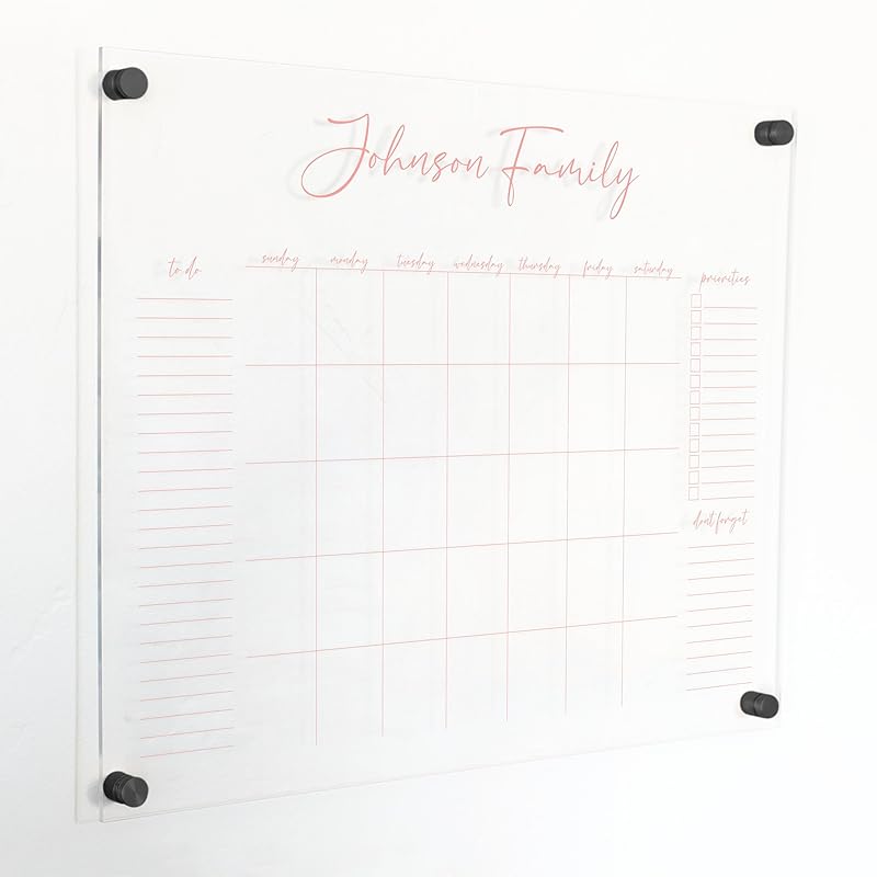 Personalized Clear Acrylic Calendar for Wall, Calendar Whiteboard for Wall, Dry Erase Wall Calendar, Wall Calendar Organizer System for Home (Cursive, Blush, 23"W x18.5"H)-DeskLoop Office