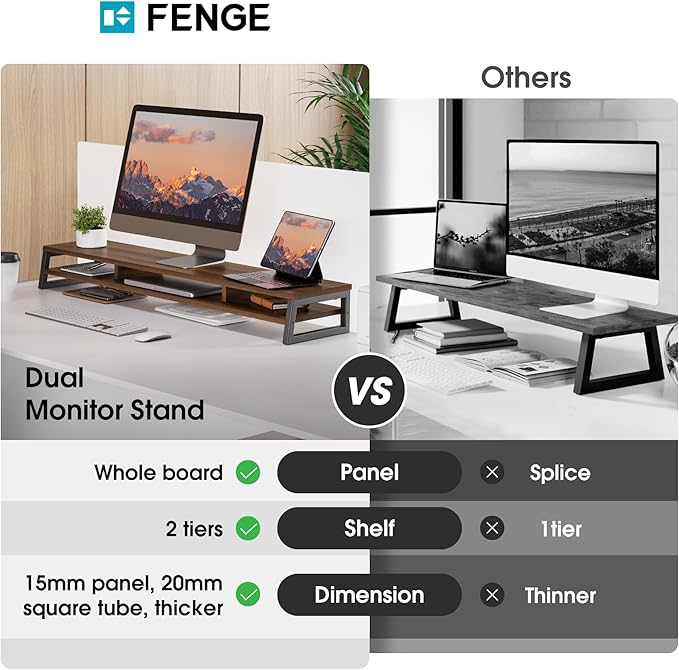 Fenge Dual Monitor Stand for Desk, 42.5in Large Monitor Riser for 2 Monitors, 2 Tier Computer Office Desk Top Shelf, Desktop Storage Stand for Laptop, PC, Computer, Printer-DeskLoop Office