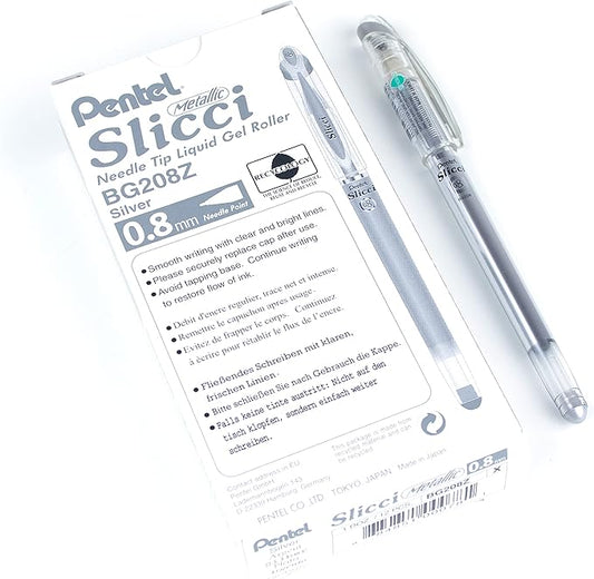 Pentel Arts Slicci 0.8mm Needle Tip, Medium Gel Pen, Silver Metallic Ink (BG208-Z), 12 Pack-DeskLoop Office