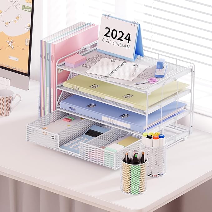 Desk Organizer and Accessories, 4-Tier Desktop File Organizer with Drawer and 2 Pen Holders, Office Desk Accessories for Office Supplies(White)-DeskLoop Office