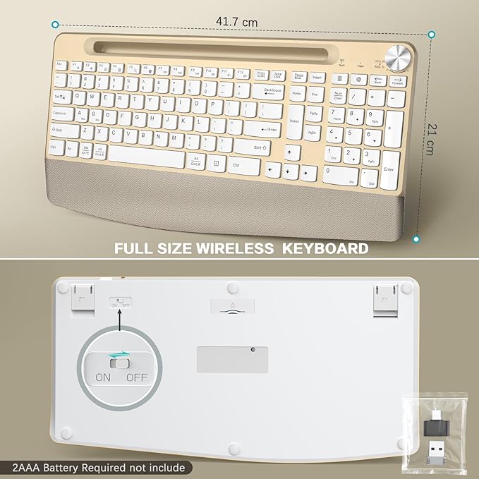 Ergonomic Wireless Keyboard and Mouse with Wrist Rest,Phone Holder - 2.4GHz Full-Sized Low-Profile Quiet Gold Wireless Mouse and Keyboard Combo for Computer, Laptop, PC, Mac-Gold-DeskLoop Office