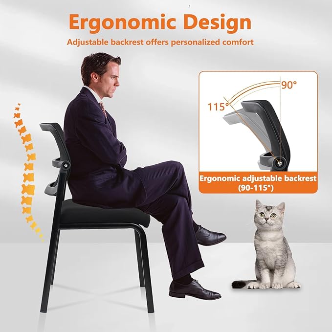 CLATINA Stacking Armless Office Waiting Room Chair with Adjustable Backrest, Stackable Mesh Guest Reception Desk Chairs with Ergonomic Lumbar Support for Conference Lobby Side School, Black, 8 Pack-DeskLoop Office