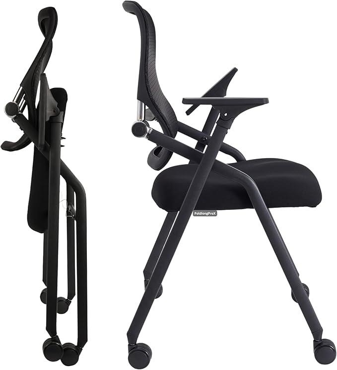 Updated Conference Room Chairs, Folding Office Desk Chair with Lumbar Support and Sliding Armrest with Casters, Stackable Office Guest Chairs & Reception Chairs, 1 Pack Black-DeskLoop Office