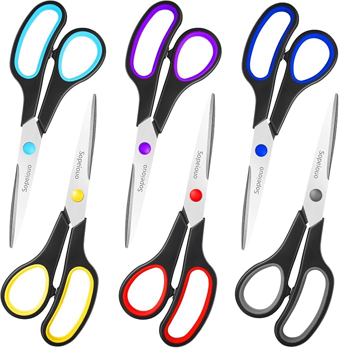 Scissors Set of 6-Pack, 8" Scissors All Purpose Comfort-Grip Handles, Sharp Scissor for Office Home School Craft Sewing Fabric Supplies, High/Middle School Student Teacher, Right/Left Hand-DeskLoop Office