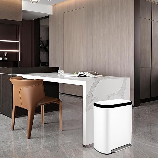 16 Gallon Dual Trash Can, Kitchen Recycling Bins with 2 x 8 Gallon Compartments, 2 Plastic Removable Liners, Soft-Close Lid, Stainless Steel Step Trash Can, White-DeskLoop Office