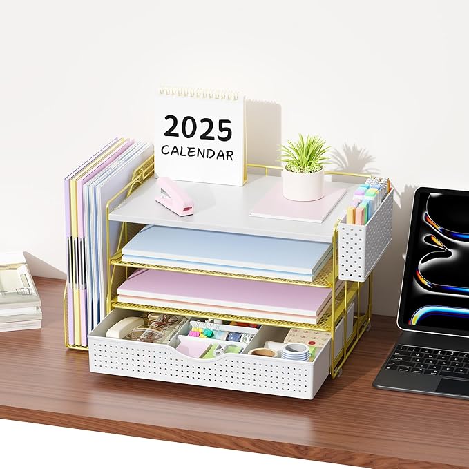 Wood Desk Organizers and Accessories with File Holder, 4-Tier Desk Accessories & Workspace Organizers with Drawer and Pen Holder, Paper Organizer for Office Supplies (Gold)-DeskLoop Office