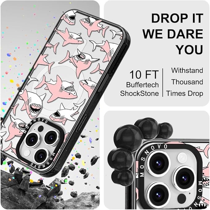 MOSNOVO Magnetic Case for iPhone 16 Pro, 10ft Military-Grade Protection, Compatible with Magsafe, Shockproof Phone Case for iPhone 16 Pro - Pink Sharks - Clear Black-DeskLoop Office