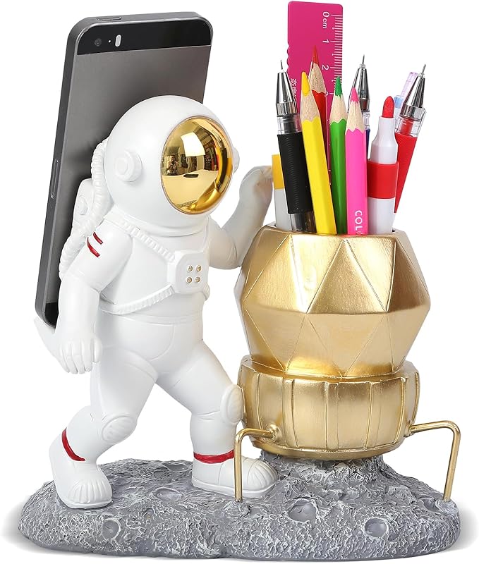 Astronaut Pen Pencil Holder with Phone Stand Resin Spaceman Pencil Holder Desk Pen Holder Organizer Decorative Accessories Suitable Office Classroom Home Creative Gifts for Adults and Kids-DeskLoop Office