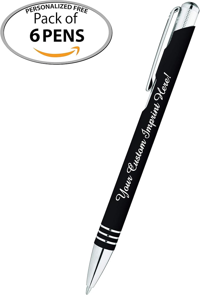 ExpressDesigns™ - Blue Ink Personalized Pens Rubberized - The Cameron - Custom Printed Name Pens - Imprinted with Logo or Message - Includes Personalization - 6 Pack (Black)