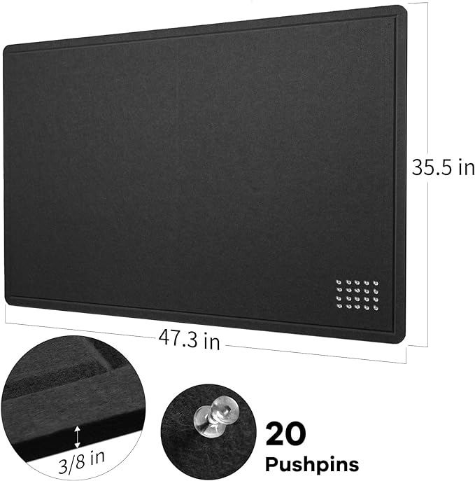 Large Bulletin Board - 48 x 36 Inches, Decorative Felt Pin Board for Wall - 4' x 3' Foldable Photo Display Board with Self-Adhesive Tape, Includes 20 Push Pins - Black-DeskLoop Office