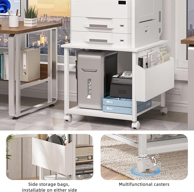 Lerliuo Large Printer Stand with Storage Shelf, 23.6 x 23.6 x 22.8 Industrial Printer Table for Home Office, Rolling Printer Cart Holder with Lockable Wheels, Mobile Mini Fridge Stand Table (White)-DeskLoop Office