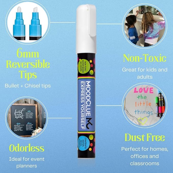 Liquid chalk markers washable, erasable, dry or wet erase. 6 neon markers for whiteboards, glass boards, mirrors, chalkboards, windows, car windshields, glass. Non-toxic, reverse tip pens-DeskLoop Office