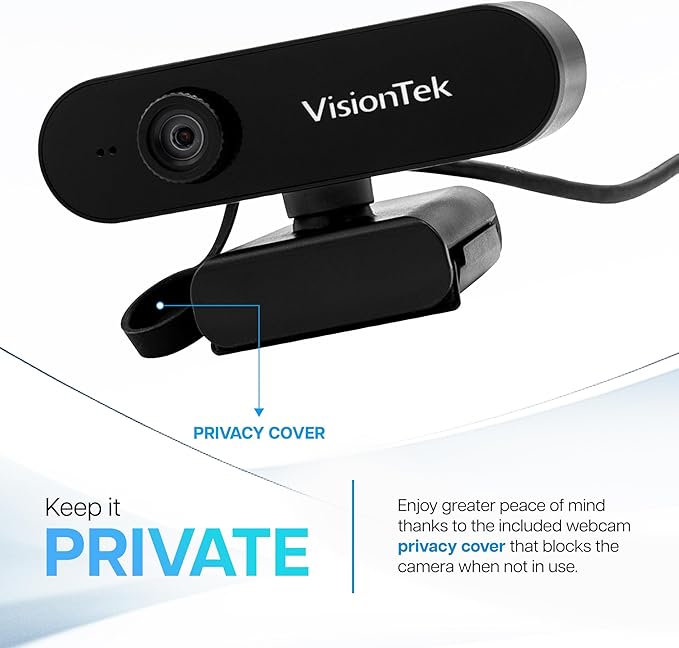 VisionTek VTWC30 Premium Full HD (1080P 30FPS) Webcam, for Windows, Mac, Linux, & Chromebook with Digital Dual Microphones, Manual Focus Lens, Privacy Cover, 83-Degree Viewing Angle-DeskLoop Office