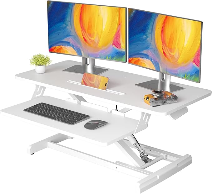 JOY worker Standing Desk Converter, 35" Wide Height Adjustable Sit Stand Up Desk Riser with Keyboard Tray, Desktop Workstation Riser for Home Office Computer Laptop, Particle Board, White-DeskLoop Office