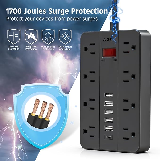 10ft Extension Cord Long Power Strip,AOFO 8 Widely-Spaced Outlets & 6 USB(1 USB C) Ports Flat Plug Power Strip,Power Cord for Wall Mountable and Desktop Black