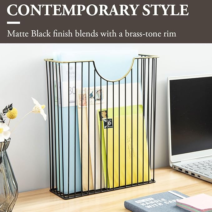 MyGift Art Deco Style Matte Black Metal Wire Magazine Rack with Brass Tone Rim - Wall Mounted Holder Storage Basket for Mail - Handcrafted in India-DeskLoop Office