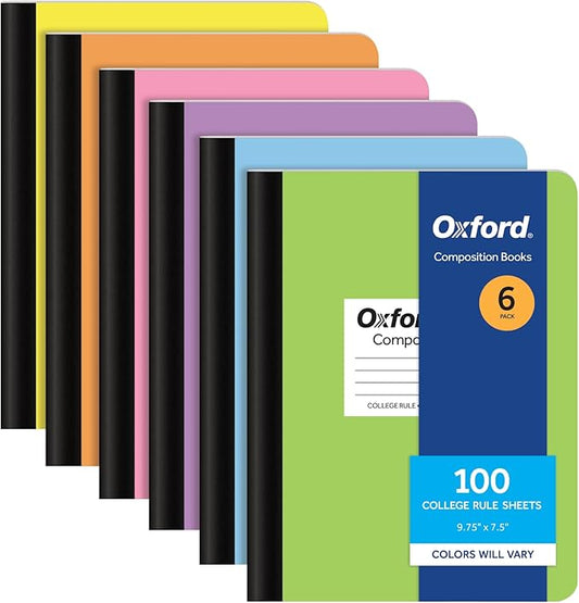 Oxford Composition Notebooks, 6 Pack, Cover Colors Vary, College Ruled Paper, 9-3/4 x 7-1/2 Inch School Journals, Assorted Pastel Covers, 100 Sheets, per Book (63760)-DeskLoop Office