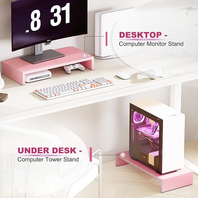 TEAMIX Pink Monitor Riser-20L inch, Wood Monitor Stand for Desk, Sturdy TV/Screen/PC/Printer/Laptop Riser,Computer Shelf with Storage TV Holder for Home Office (Pink, 20 inch)-DeskLoop Office