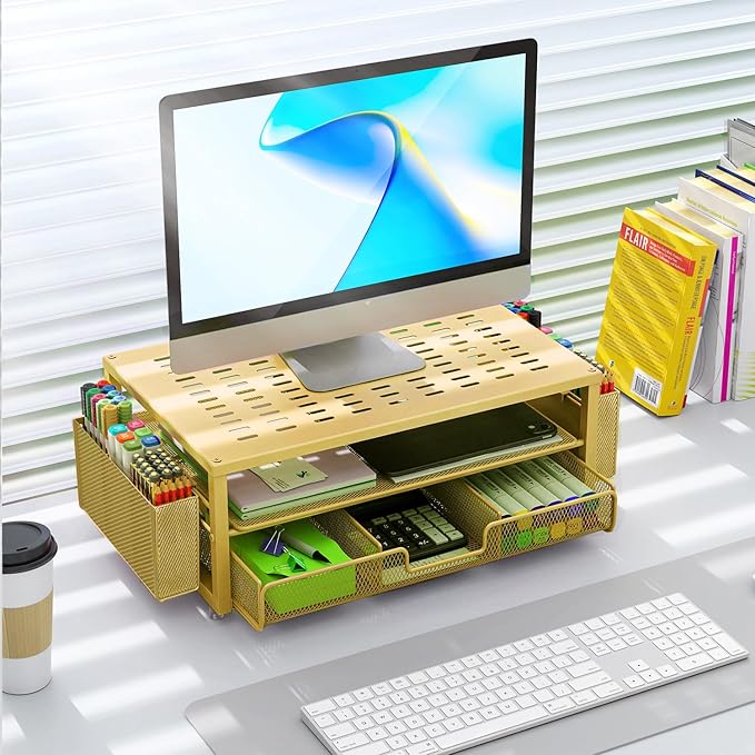 gianotter Desk Organizers and Accessories, Monitor Stand with Drawer and 2 Pen Holder, Desktop Organizer Suitable for Offices and Dormitories (Gold)-DeskLoop Office