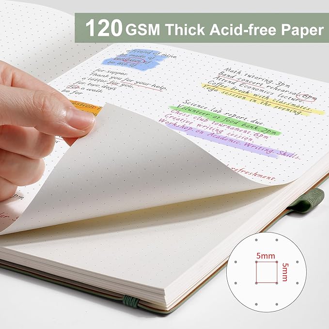 AHGXG Bullet Dotted Journal - Dot Grid Notebook Journal, 120 GSM Thick Acid-Free Paper, Large B5 Dotted Notebook 96 Pages, Leather Softcover, Inner Pocket, Journal Stencil, 7.6'' X 10'' - Sage Green-DeskLoop Office