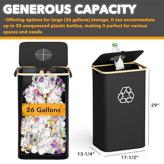 SpaceAid Recycling Bin for Kitchen 26 Gallon, 100L Recycle Bin with Lid and 2 Reusable Inner Bags, for Bottle Can Glass Plastic Stickers, Black-DeskLoop Office