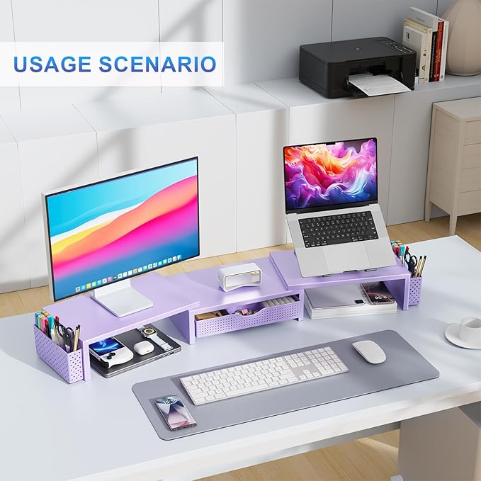 gianotter Dual Monitor Stand Riser, Desk Organizer With Drawer and 2 Pen Holders, Desk Organizers and Accessories, Purple Office Decor (Purple)-DeskLoop Office