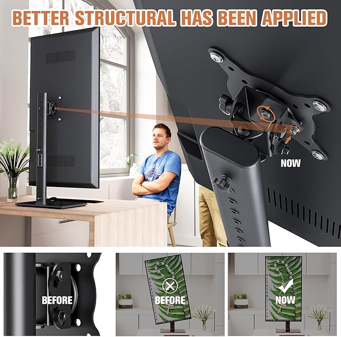 Single Monitor Stand Freestanding 27-43 Inch Monitor Arm Curved Screen Monitor Mount Tempered Glass Base Adjustable Motion Tilt -15° to 10° Swivel ±45° Rotation 360° Weight Capacity 77lbs HT05B-003-DeskLoop Office