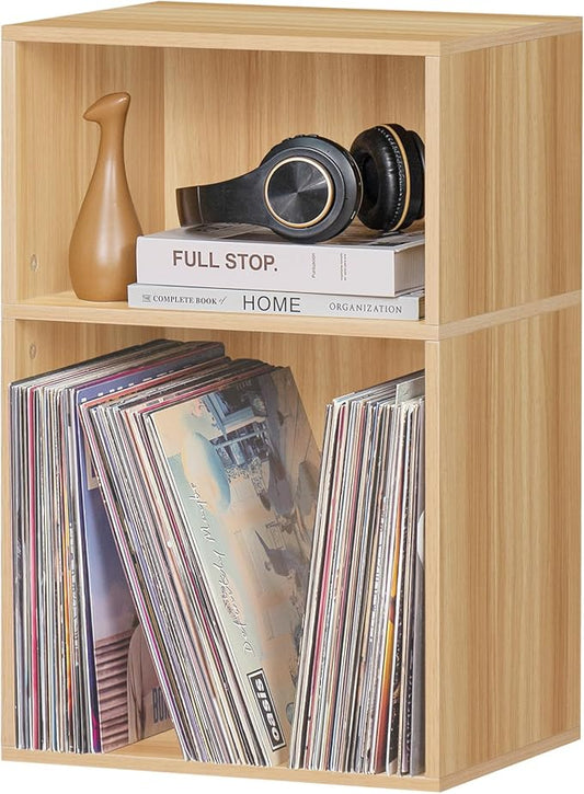 LEYAOYAO 2 Cube Bookshelf,Natural Record Player Stand Holds up to 100 Albums, Mini Wood Book Shelf Storage Organizer,Turntable Stand with Vinyl Storage Cabinet, Narrow Open Bookcase for Small Spaces-DeskLoop Office