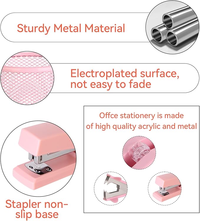 Pink Desk Accessories, Pink Office Supplies Set with Stapler, Tape Dispenser, Staple Remover, Pen Holder, Scissor, Binder/Paper Clips, Ballpoint Pen, Clear Tape and 1000pcs Staples-DeskLoop Office