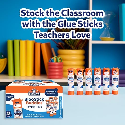 Elmer's BlooStick Buddies Glue Sticks, Disappearing Blue Glue Stick, Anti-Roll Cap, 6g, 48 Count-DeskLoop Office