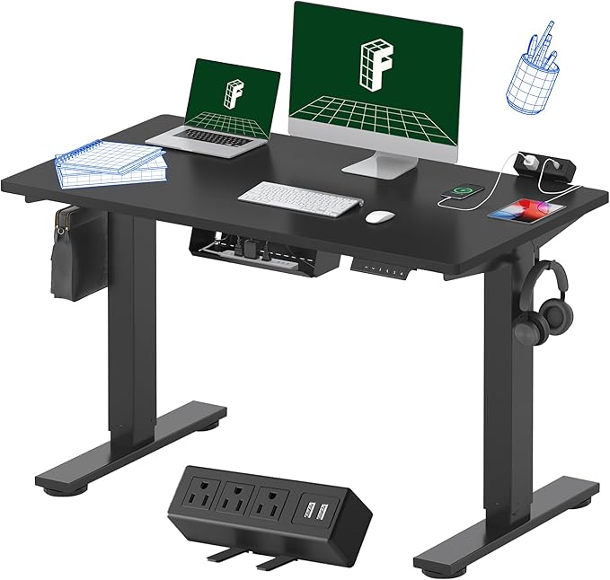 FLEXISPOT EN2 Whole-Piece Standing Desk with Clamp Power Strip, 48x24'' Electric Stand Up Height Adjustable Desk with Cable Management (Black Frame + 48" Black Table Top)-DeskLoop Office