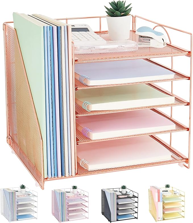 Desk Organizers and Accessories, 5-Tier Paper Letter Tray Organizer with File Holder, Desktop Organizer for Office Supplies, Office Desk Accessories & Workspace (Rose Gold)-DeskLoop Office