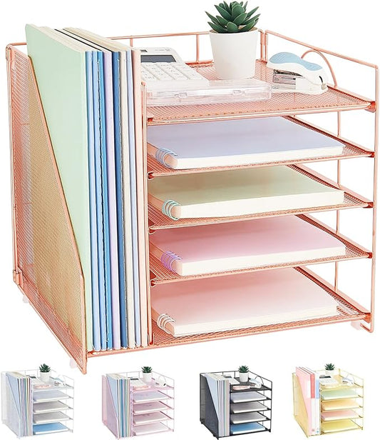 Desk Organizers and Accessories, 5-Tier Paper Letter Tray Organizer with File Holder, Desktop Organizer for Office Supplies, Office Desk Accessories & Workspace (Rose Gold)-DeskLoop Office