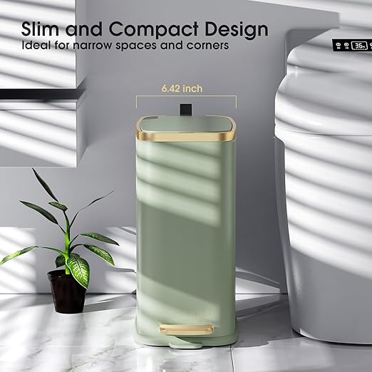 CEROELDA Small Bathroom Trash Can with Lid Soft Close-5L/1.3 Gal Slim Garbage Can-Metal Step Wastebasket-Rectangle Narrow Waste Bin for Office, Bedroom, Toilet, Live Room-Green-DeskLoop Office