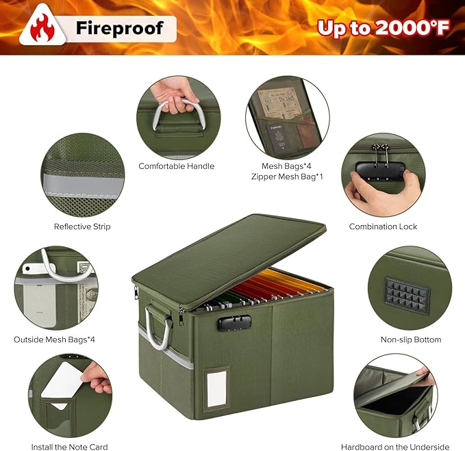 TOMKID Fireproof Document Box, Fire Proof Safe Box for Home Document Organizer with Lock, Fire Organizer Office Storage Cabinet for Hanging Letter/Legal Folder 16.1 x 12.9 x 11in (Green)-DeskLoop Office