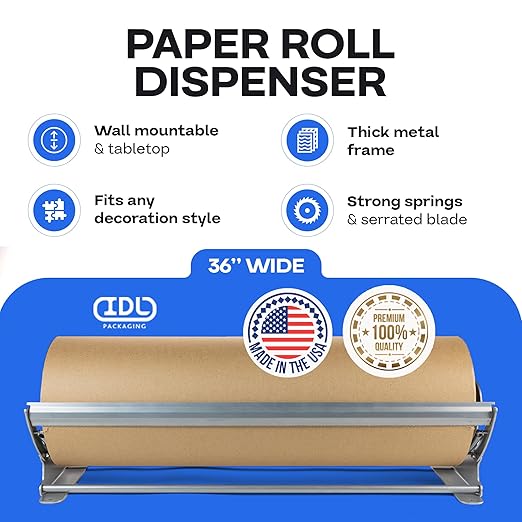 IDL Packaging 36" Kraft Paper Roll Dispenser & Cutter for Rolls up to 36" Wide and 9" in Diameter – Tabletop Reinforced Steel Paper Holder with a Cutter – for Kraft and Butcher Paper-DeskLoop Office