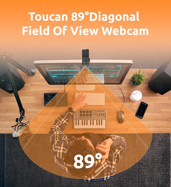 TOUCAN 1080P Webcam with Microphone,FHD Streaming Camera with 1080P/60fps,Privacy Protection Plug Play Ultra Compact Web Cam w/ 89°View for Computer/Meeting/Online Classes/Zoom/YouTube-DeskLoop Office