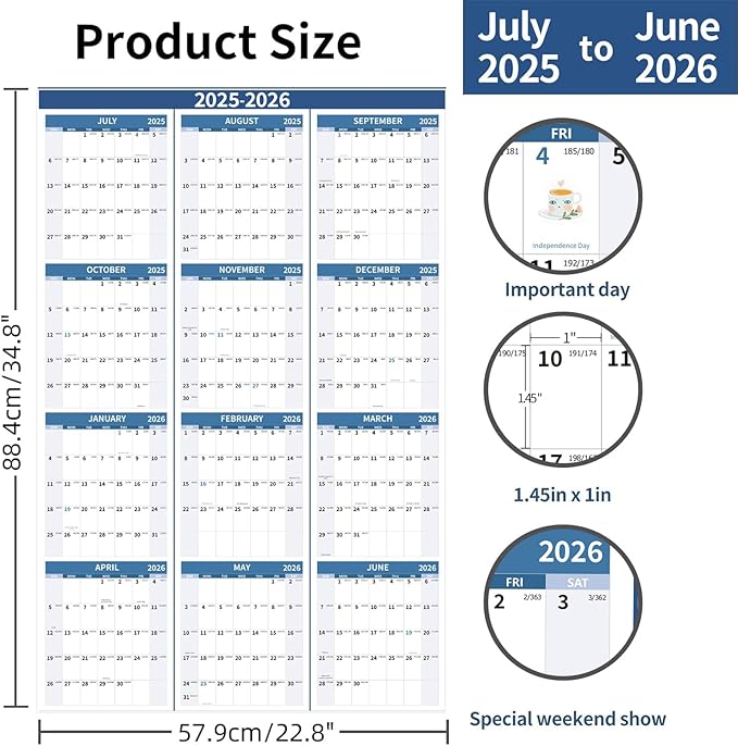 2025-2026 Wall Calendar 34.8" x 22.8" Large Vertical Yearly Wall Hanging Calenda with Julian Date from July 2025 to June 2026 Thick Paper Calendar 12 Month Annual Planner for Office Fridge(Blue)-DeskLoop Office