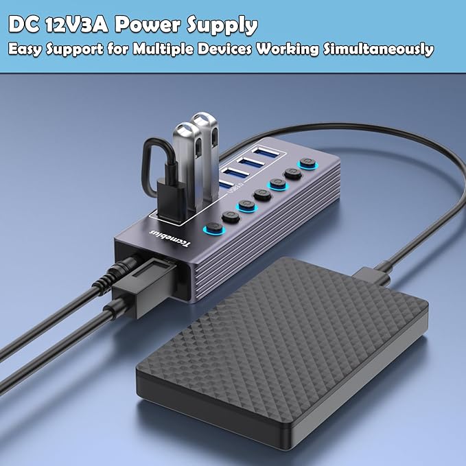 Powered 7-Port USB 3.0 Hub, USB C to 7 Ports USB Data Hub Splitter with Individual LED On/Off Switche, 3.3FT Cable, 12V/3A Power Adapter, for Laptop MacBook Pro/Air PC (Aluminum Gary)-DeskLoop Office