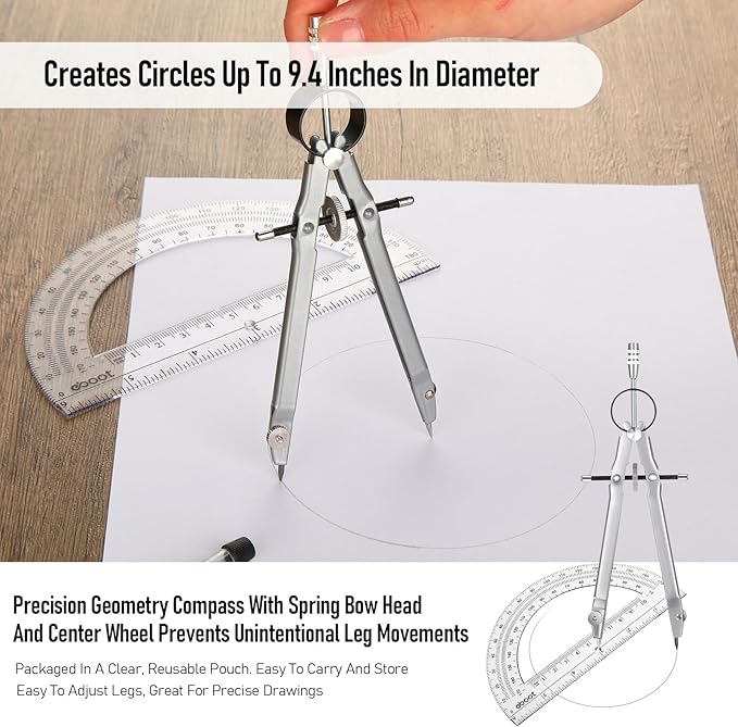 EBOOT Student Geometry Math Set, Drawing Compass and 6 Inch Clear Swing Arm Protractors 180 Degree Math Protractor (Silver)