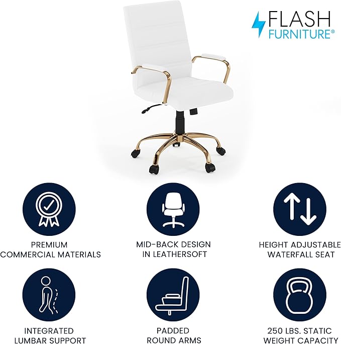 Flash Furniture Whitney Mid-Back Swivel LeatherSoft Desk Chair with Padded Seat and Armrests, Adjustable Height Padded Office Chair, White/Gold-DeskLoop Office