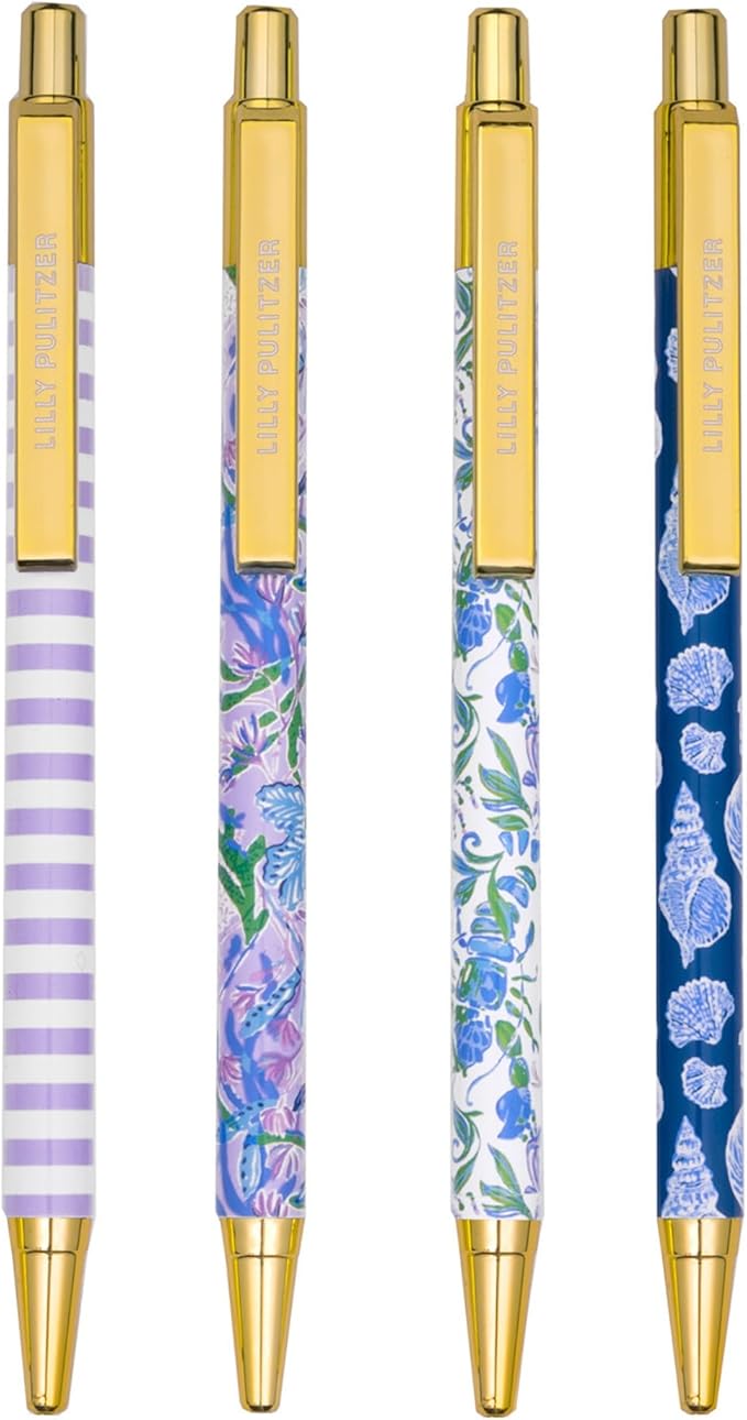 Lilly Pulitzer Black Ink Pen Set of 4, Retractable Pens for Home or Office, Colorful Plastic Click Pens, (Assorted)-DeskLoop Office