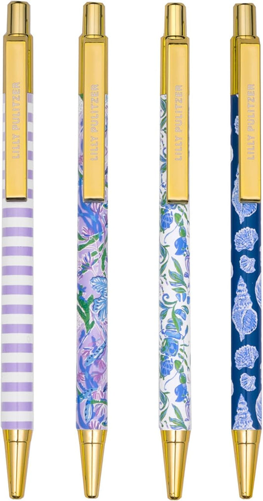 Lilly Pulitzer Black Ink Pen Set of 4, Retractable Pens for Home or Office, Colorful Plastic Click Pens, (Assorted)-DeskLoop Office