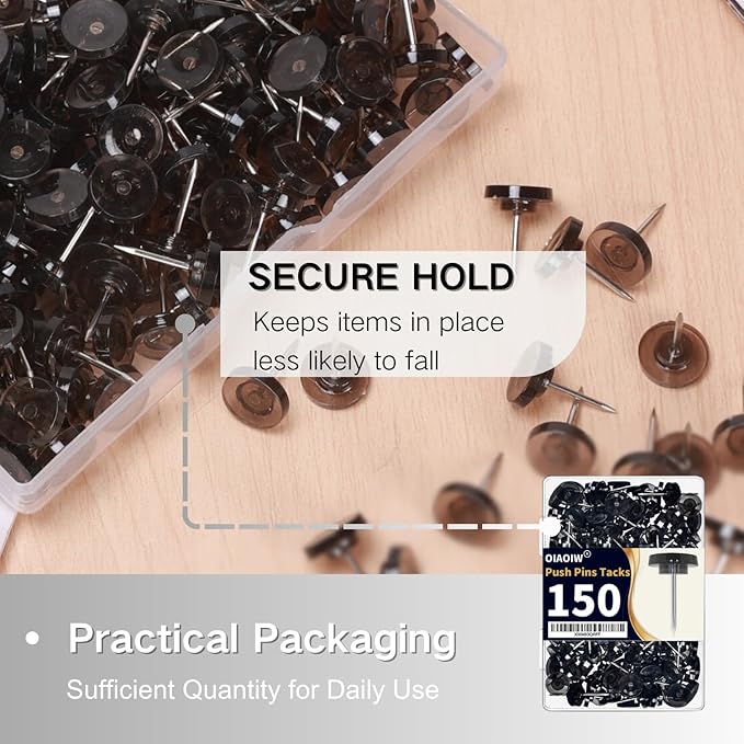 150 PCS Flat Black Push Pins for Wall Clear Thumb Tacks for Walls Flat thumbtacks Push pin for Bulletin Board Shadow Box Display Thumbtack for Cork Board-DeskLoop Office