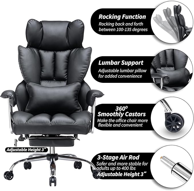 Efomao Desk Office Chair 400LBS, Big and Tall Office Chair, PU Leather Computer Chair, Executive Office Chair with Leg Rest and Lumbar Support, Black Office Chair-DeskLoop Office