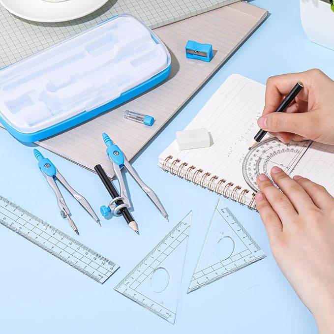 Zonon Math Geometry Set 10 Pcs Student Supplies with Shatterproof Storage Box, Includes Rulers Protractor Compass Pencil Sharpener Lead Refills Eraser Pencil for Drafting and Drawings(Blue)-DeskLoop Office