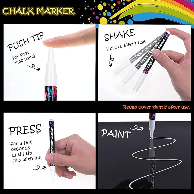 White Liquid Chalk Markers Set, Pack of 10 White Chalkboard Paint Pens with 12 Chalkboard Labels, 5 Stickers, Perfect for Chalkboards, Bistro Boards, Glass and Metal-DeskLoop Office
